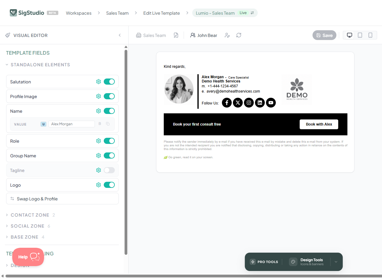 SigStudio live template editor