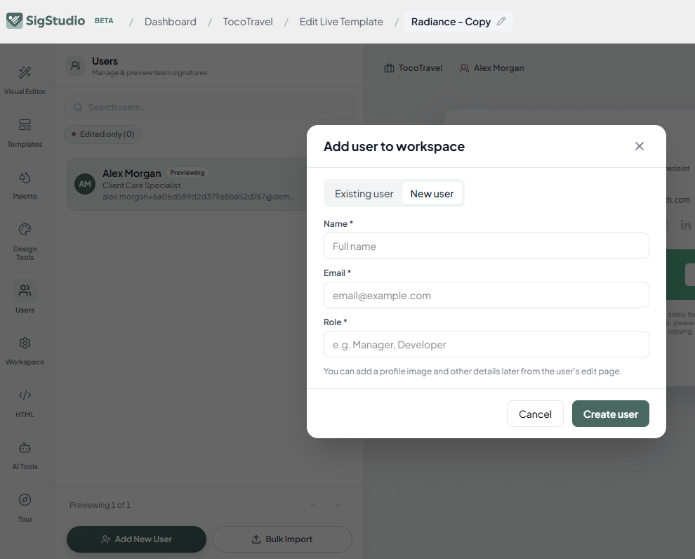 sigstudio add new user to workspace