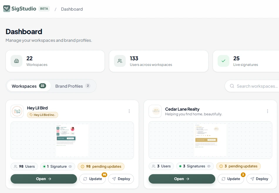 SigStudio email signature software - Manage workspace
