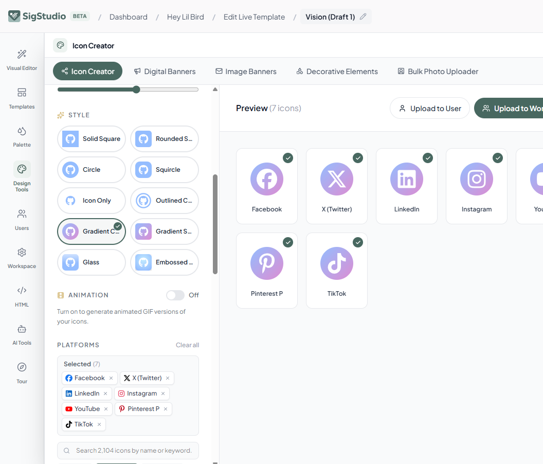 SigStudio email signature software - Icon Creator with 500+ brand icons