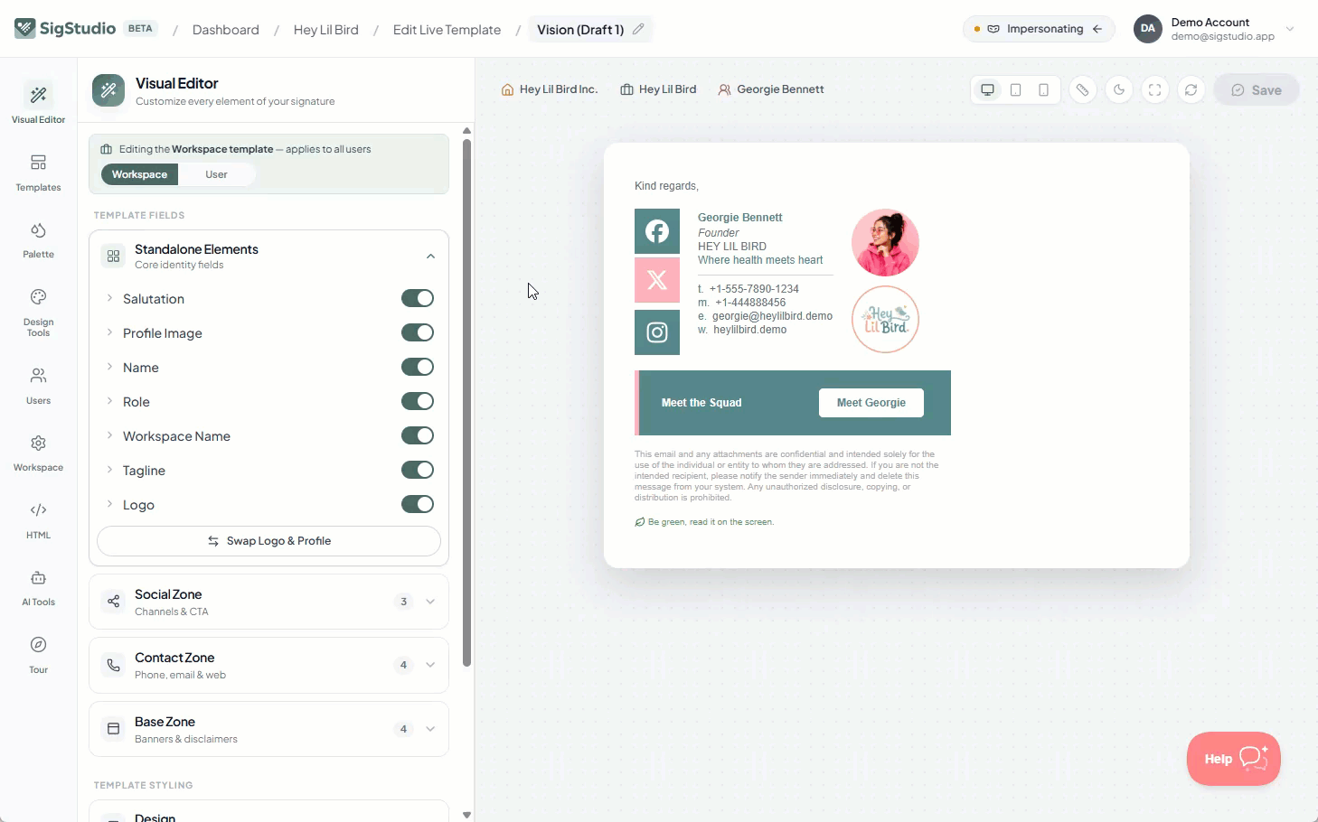 SigStudio Visual Editor -- update colours, fonts, logos, banners, social icons and more