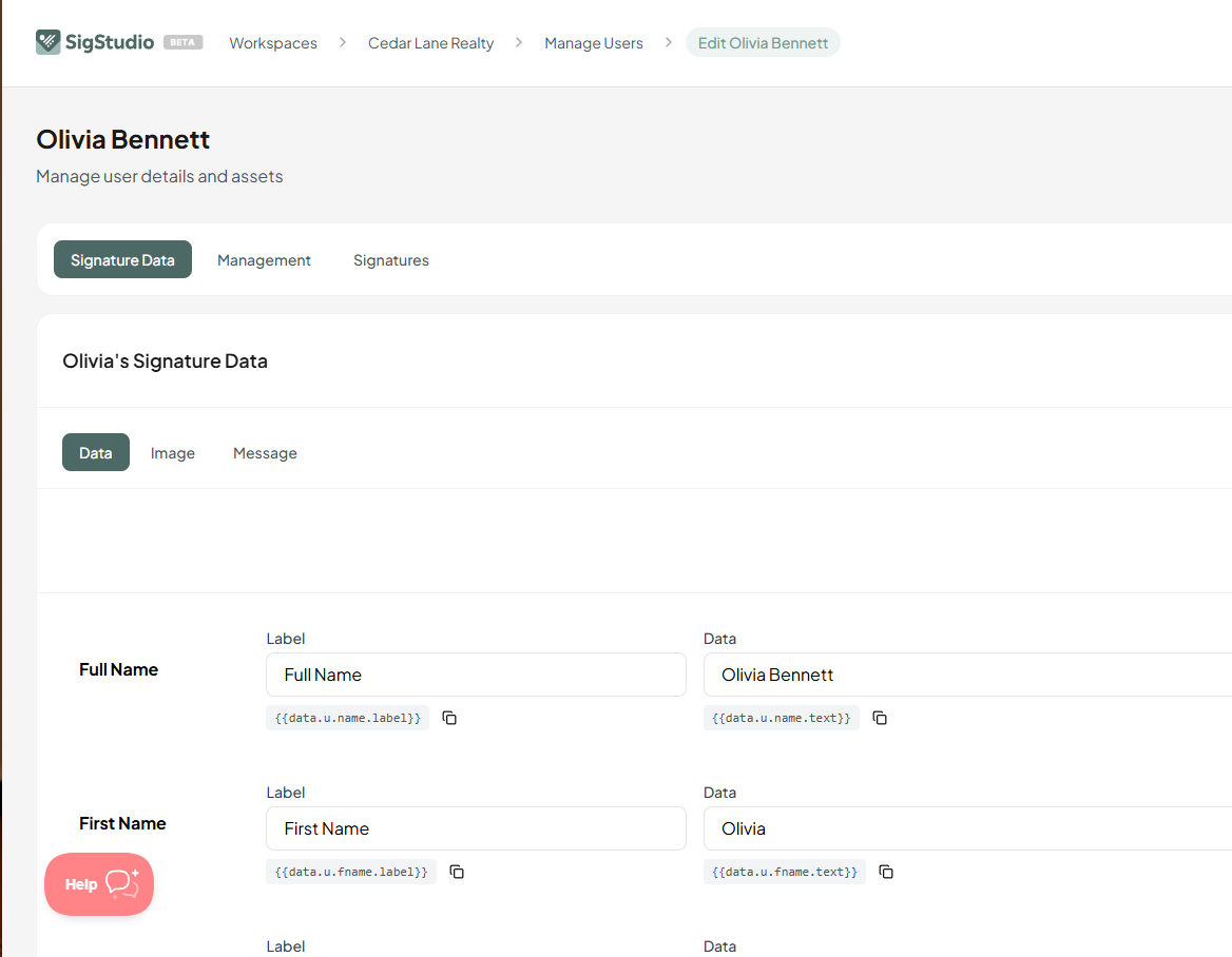 User signature data