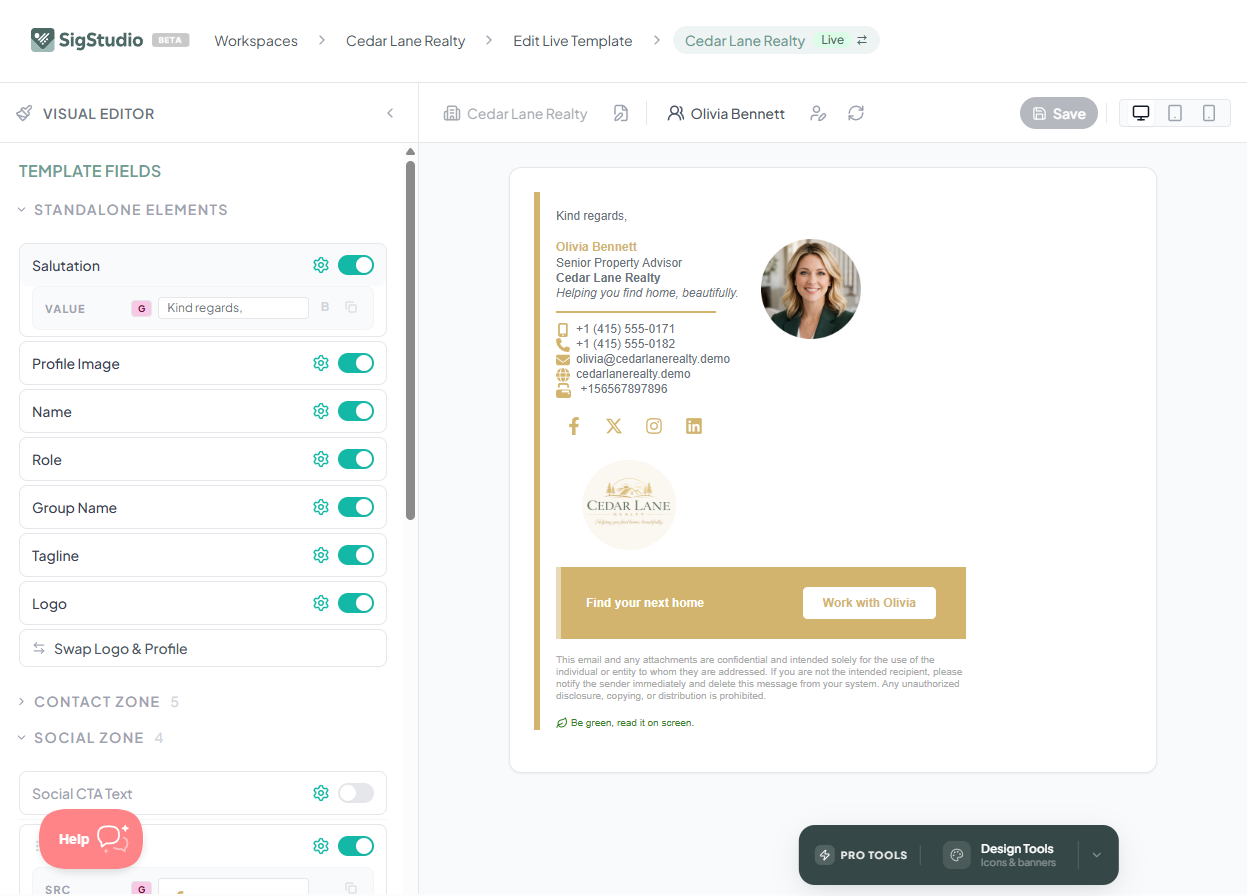 SigStudio Visual Editor -- update colours, fonts, logos, banners, social icons and more